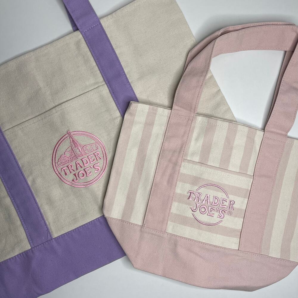Set of 2 — Trader Joe’s Canvas Tote Bags — Large Size PURPLE + Mini STRIPE PINK